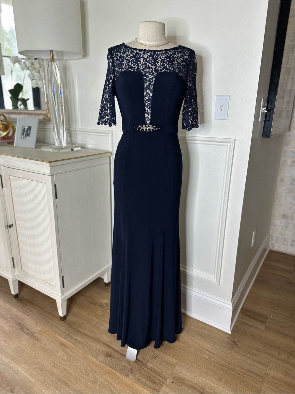 Nina Canacci Navy Lace-Detail Evening Gown